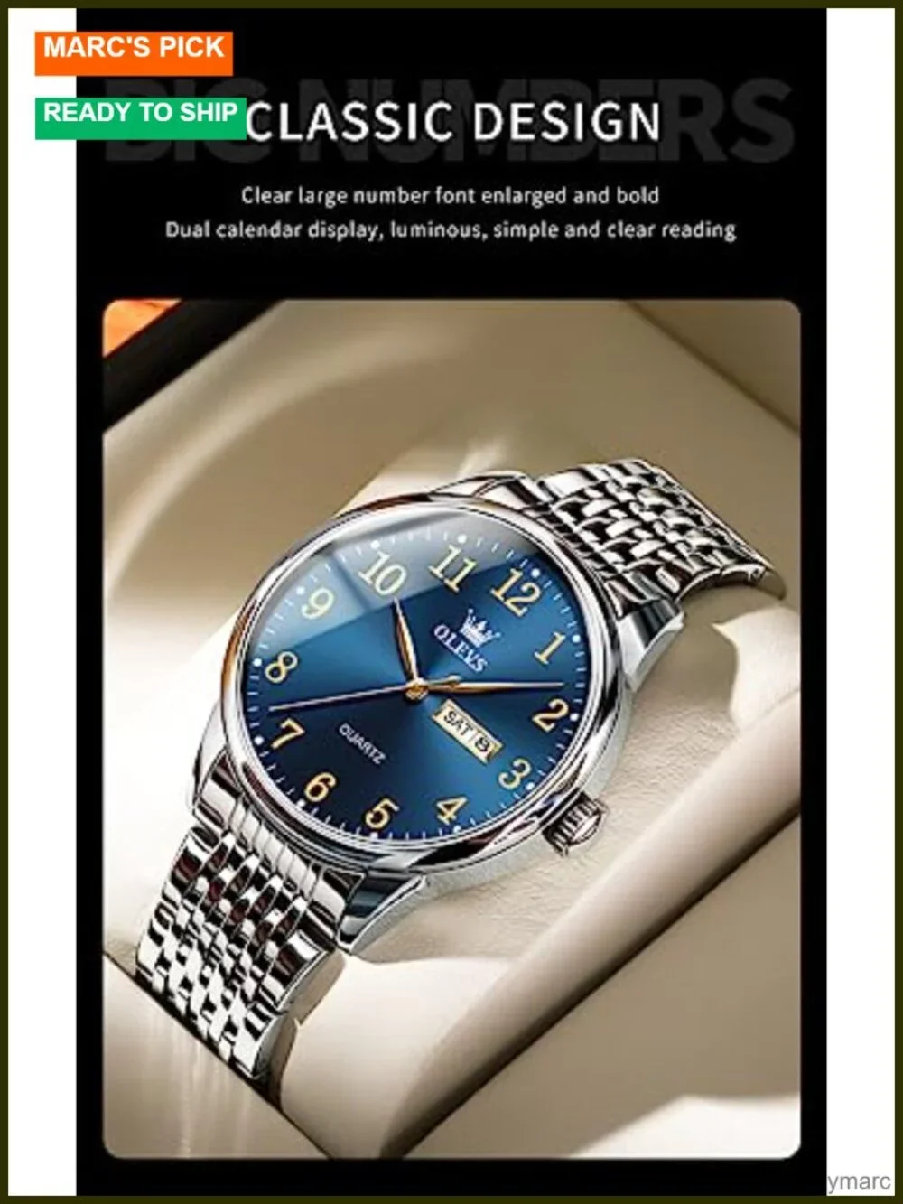Stainless Steel Analog Quartz Watch Day Date Easy Read Diamond Waterproof Dress